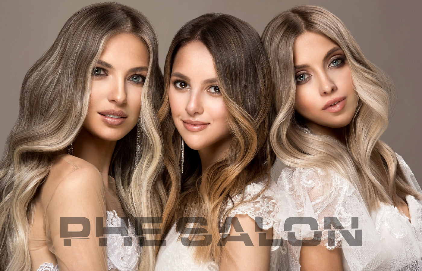 Three women with professionally styled, voluminous hair featuring a blend of blonde, brunette, and balayage tones, showcasing expert hair coloring and hair extension services at PHE Salon in Jupiter, Florida. The salon specializes in customized hair transformations, including highlights, balayage, and seamless hair extensions for a luxurious and natural look.